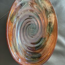 Hand-Blown Art Glass Centerpiece Bowl – Copper + Gold Swirl – Murano Style