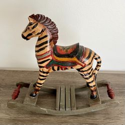 Hand Carved Hand-Painted Zebra Rocking Horse Decor Approx. 12” Tall