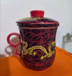 Chinese Dragon Tea Mug with Infuser and Lid, Vintage Asian Porcelain Teacup, Red Gold Dragon Design, Loose Leaf Tea Cup Set