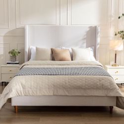Harper 54" Tall High Headboard Platform Bed Upholstered Bed Frame King Ivory