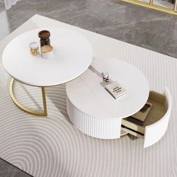 Modern Round Nesting Coffee Table Fluted With Drawer In White & Gold In 27.6"