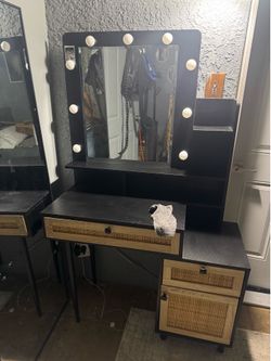 Black Rattan Vanity Desk