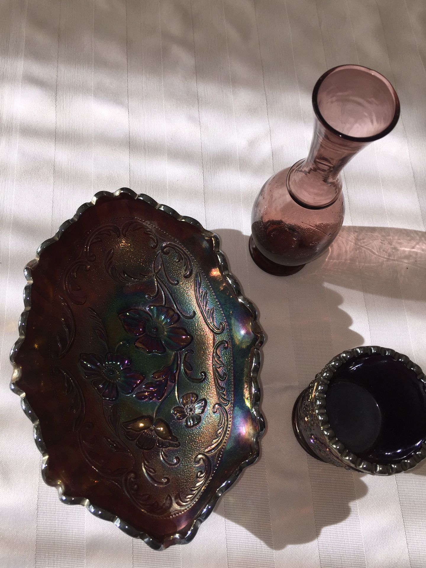 Fenton Plum Opalescent 2 piece set plus small purple glass vase