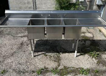 103” Heavy Duty 16ga Stainless Steel (3) Compartment Commercial Sink 20”W Bowls & (2) 24”W Drainboards