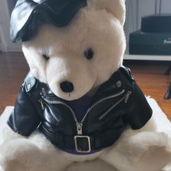 Plush Hard Rock Teddy Bear with Faux Leather Jacket & Hat Like New