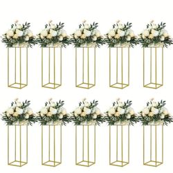 10 PCS 15.75inch Gold Wedding Flower Vase Metal Column Flower Stand Geometric Centerpieces