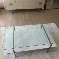 WEST ELM Mid-Century Art Display Marble Coffee Table (46")   Overall: 46"w x 26.1"d x 17"h. Bottom shelf: 46"w x 24"d. Shelf spacing: 6.6". Clearance