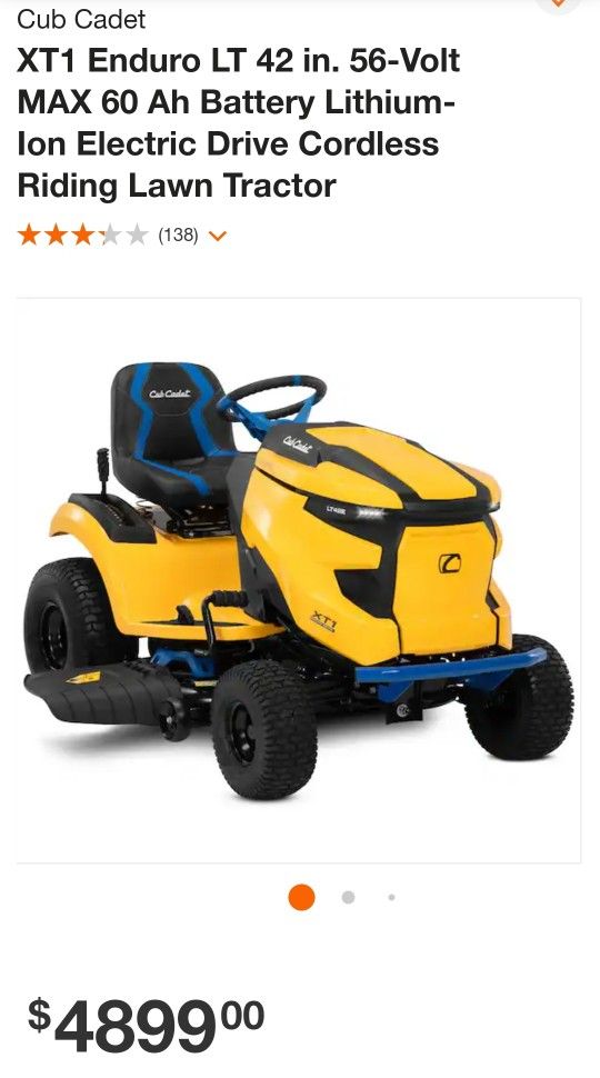 Cub Cadet
XT1 Enduro LT 42 in. 56-Volt MAX 60 Ah Battery Lithium-Ion Electric Drive Cordless Riding Lawn Tractor