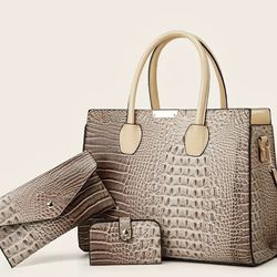 New Crocodile Pattern Bag Set : Faux Leather Tote Bag & Clutch Long Purse & Credit Card Case 