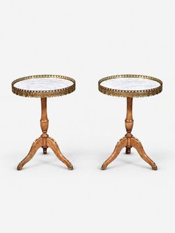 Pair of French Neoclassical Oak & Marble Side Tables, c.1960's - Delivery Available