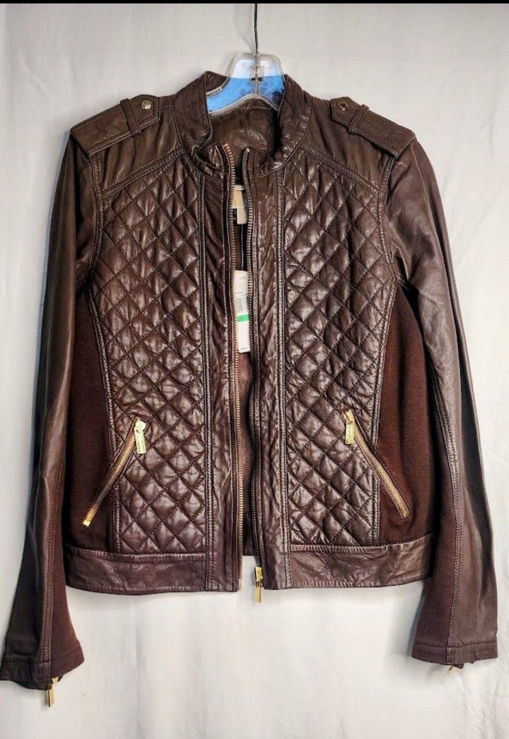 Michael Kors Mahogany Quilted Leather Bomber Jacket | Size L | NWT