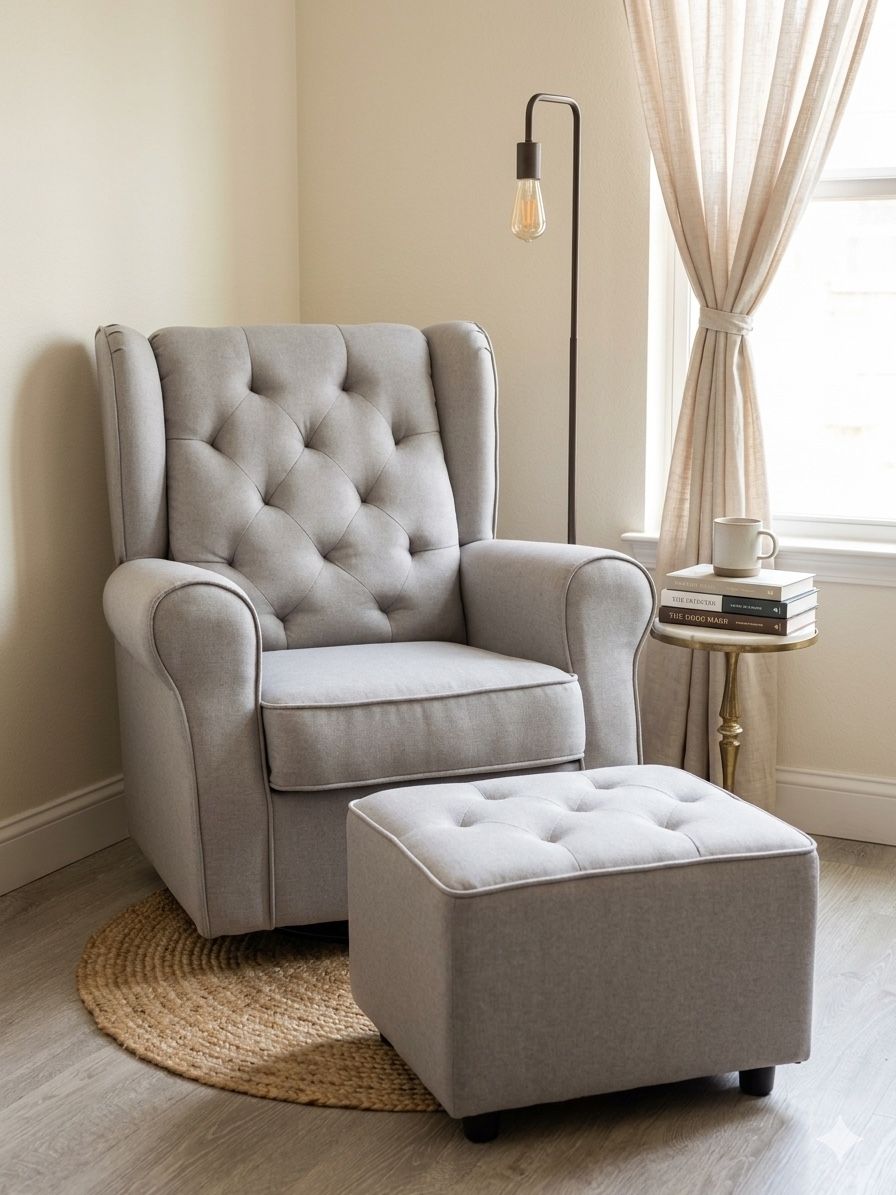 Grey Wingback Glider Armchair with Ottoman