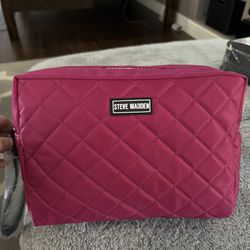 NEW HUGE STEVE MADDEN HOT PINK QUILTED DOUBLE ZIP COSMETIC BAG $20!
