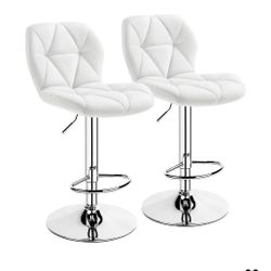 Barstools Set of 2, Counter Stools Bar Chairs, Height Adjustable, White PU Leather, Swivel, with Backrest, Tall Chairs, for Home Bar Kitchen Island