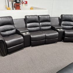 New 4 Reclining Sectional.  Black Or Brown Leather.  138” X 38”.  Free Delivery!