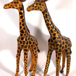 Vintage Pair Leather Wrapped Giraffe 18” Tall Statue Figure Wild Life Animal
