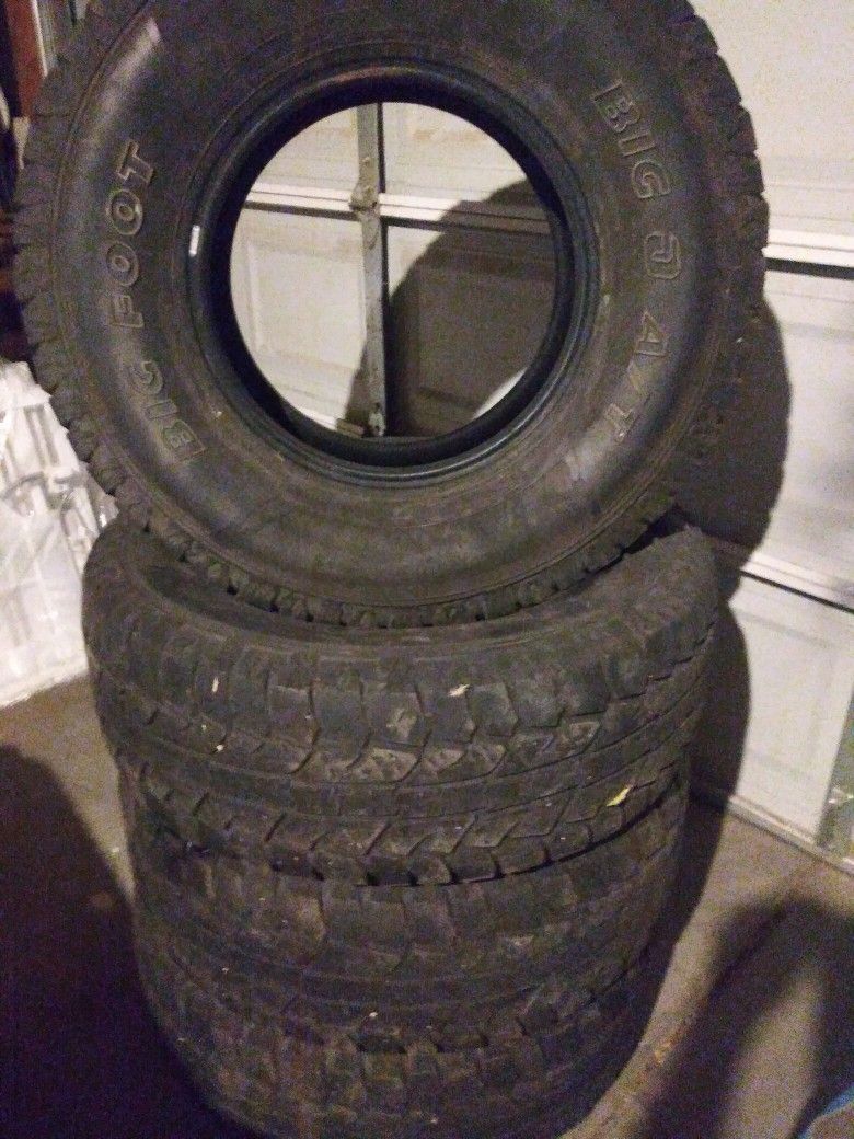 Set of 4,  Big O AT 285 75 16 Tires ,  Also Set of 4, 14 Inch 4 Hole Wheels and tires 