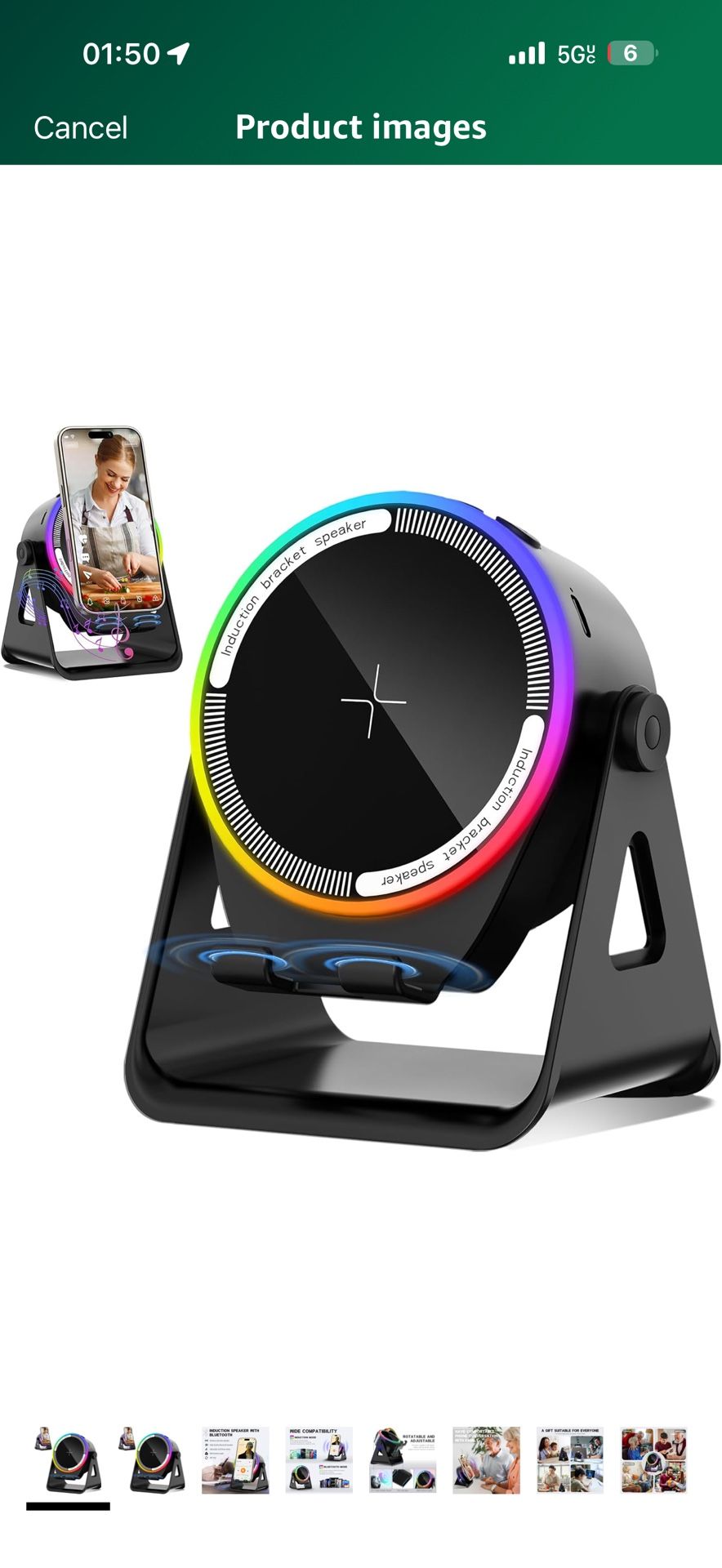 Wireless Induction Speaker, Multifunctional Bluetooth Phone Holder with RGB Light & 360° Rotation, HD Surround Sound, Compatible with iPhone/iPad/Andr