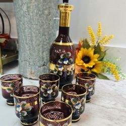 Vintage Bohemian Ruby Glass Decanter Set