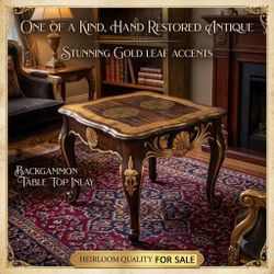 Upcycled Accent Side Table: Hand Stained, Gilded Gold Leaf Details, Refinished Furniture