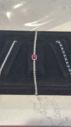 18k solid white gold tennis bracelet 6.5” with red tourmaline natural GORGEOUS