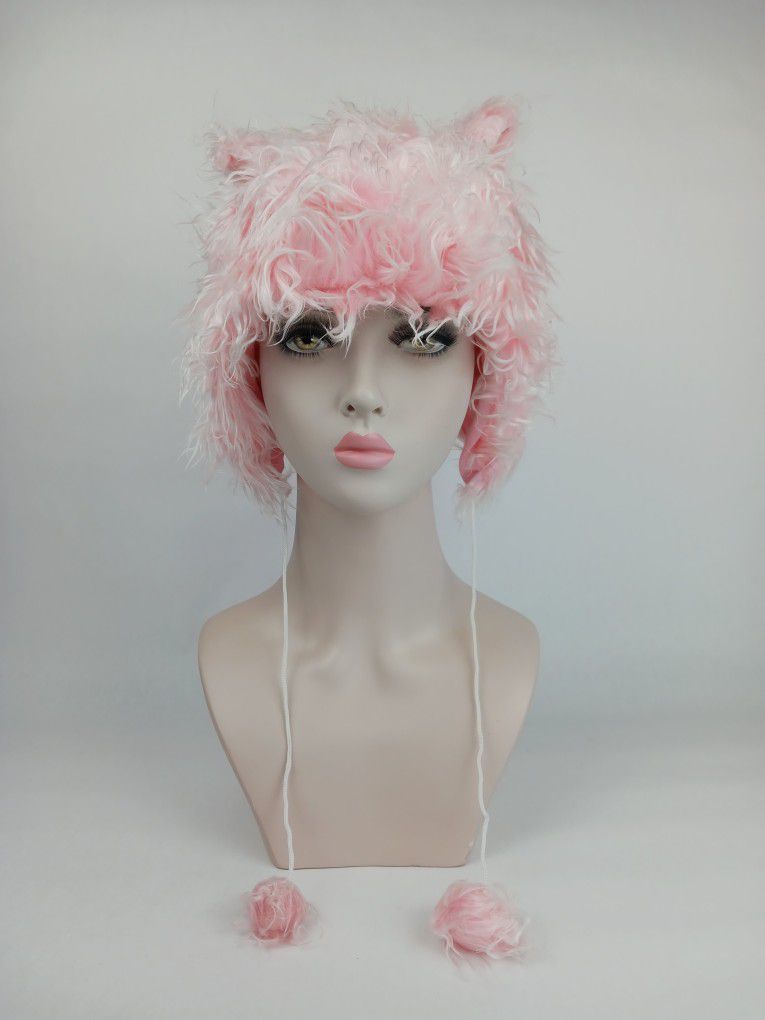 Halloween Costume Hat Pink Fox Ears With Hanging Fur Balls 