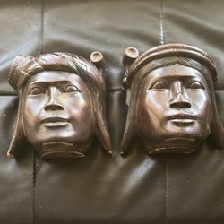 Vintage African Hand Carved Wooden Heads Bookends 