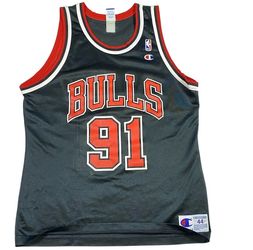 Vintage Dennis Rodman Chicago Bulls Champion Jersey Mens 44 (M) Black #91 NBA