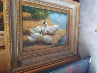 12" x 16" Framed Geese Oil Painting – Ornate Gold Frame
