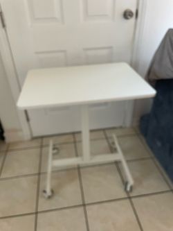 Adjustable White Rolling Side Table on Wheels
