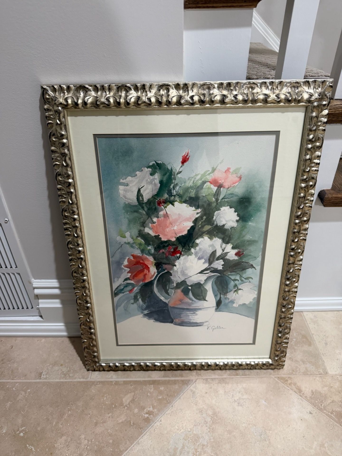 Vintage Framed and Matted Floral Watercolor 20 x 26,5 Smoke free household