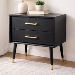 Modern black 2-drawer nightstand with brass hardware