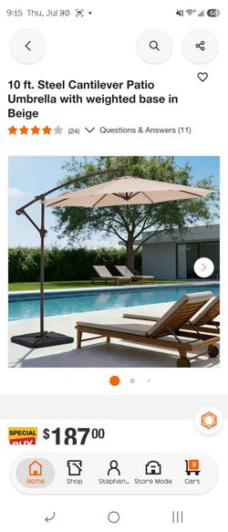 10 ft. Steel cantilever patio umbrella with weighted base in beige