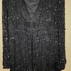 Carina 100% Pure Silk Sequin Women's Black Lined Blazer Hook Eye Closure 