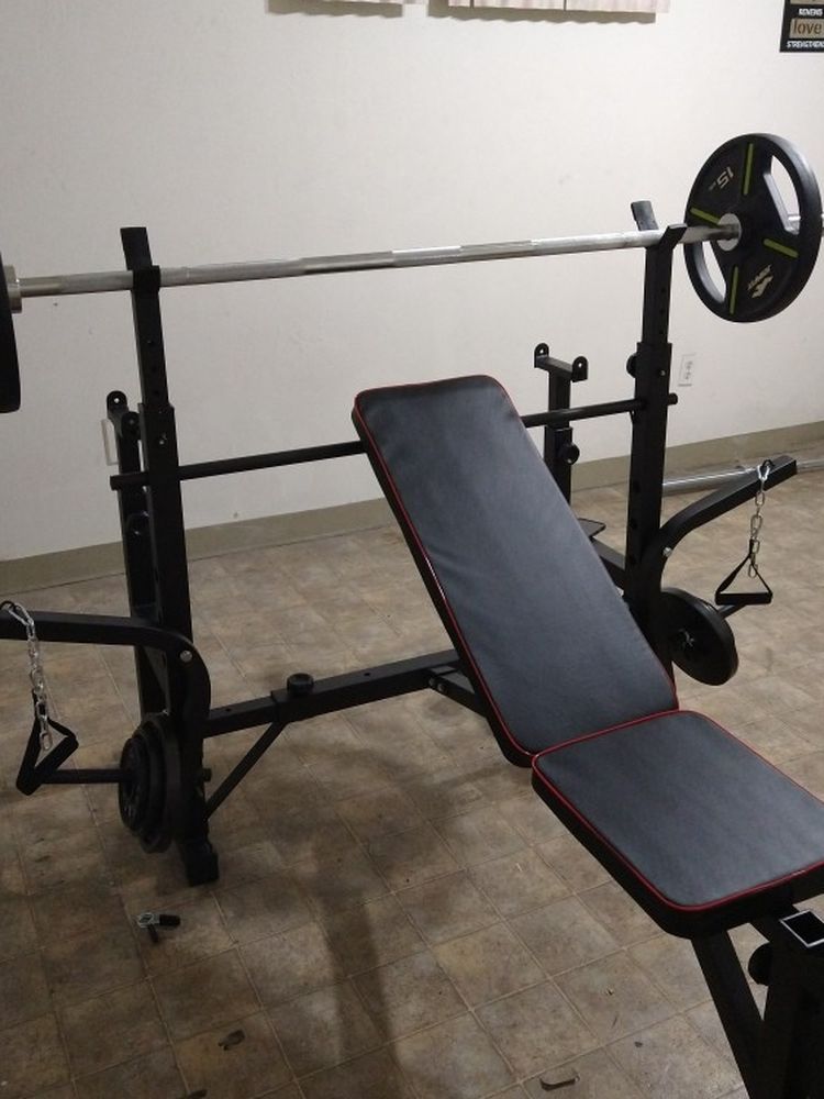 Workout Bench Press incline decline flat with leg developer & curl preacher! & Weight Set & Bar