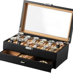 Watch Jewelry Box with Drawer and Clear Top 12 Compartments Jewelry Storage Case Double Layer Wrist Watches Holder
