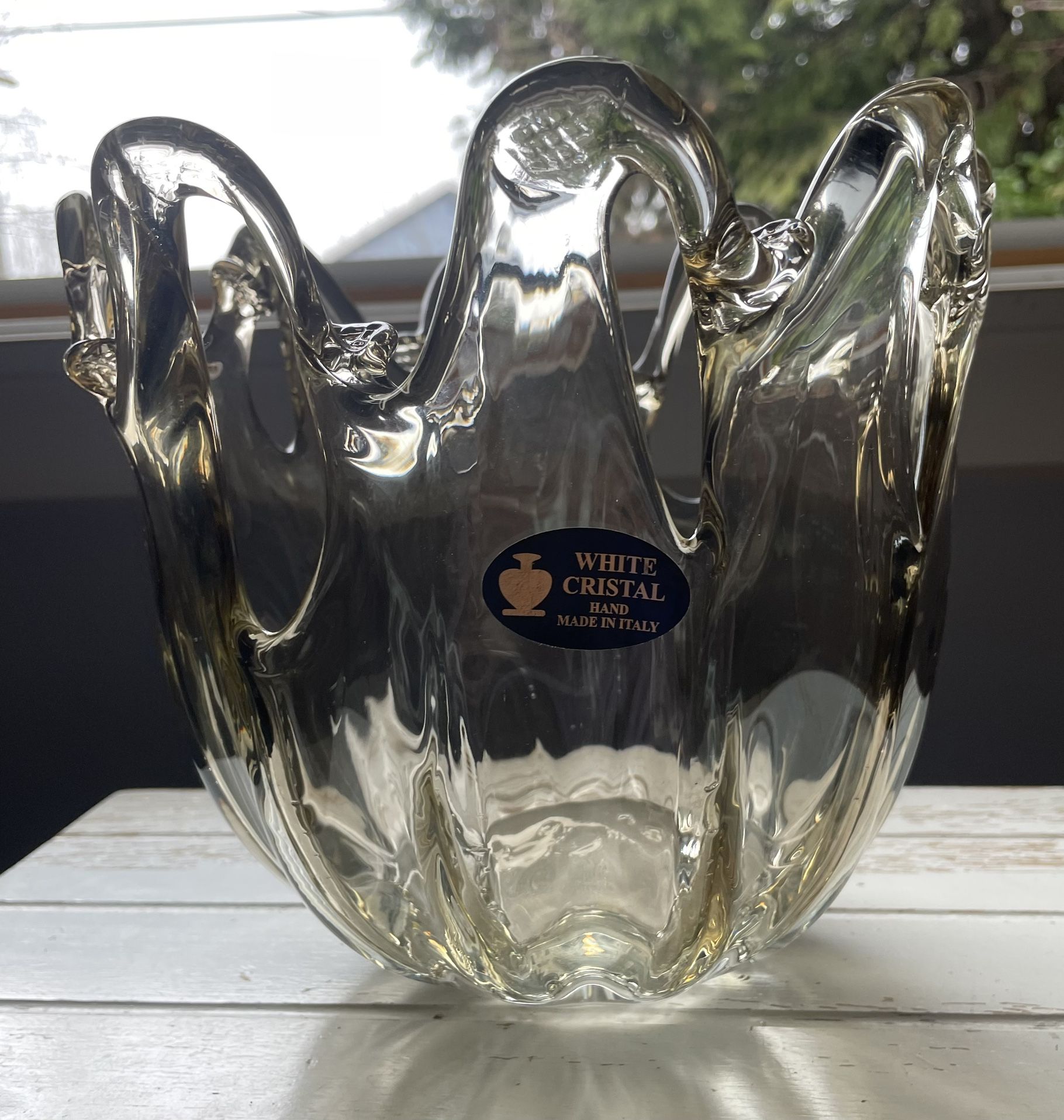 Murano Art Glass Free Form Splash Clear Smoke Gray Bowl/Vase- Made in Italy
