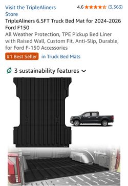 TripleAliners 6.5FT Truck Bed Mat for 2024-2026 Ford F150 All Weather Protection, TPE Pickup Bed Liner with Raised Wall, Custom Fit, Anti-Slip, Durab
