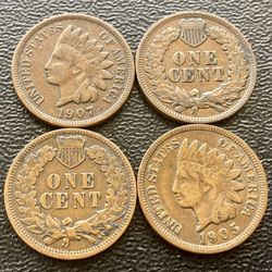 Four (4) Indian Head Pennies Vintage Penny Antique US Cent Coins Over 100 Years Old 