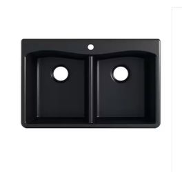 Kennon Fregadero de cocina compuesto de granito Neoroc de 33 pulgadas, empotrado/bajo montaje, 1 orificio, doble tazón, en negro mate