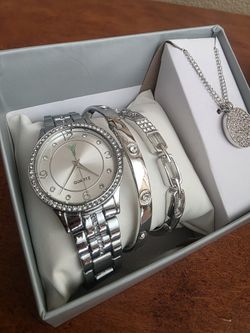 Women's Silver Tone Watch and Jewelry Gift Set