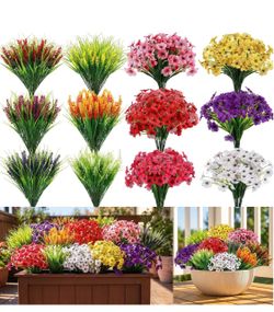 New 48 Bundles Artificial Flowers for Outdoors UV Resistant Faux Flowers Fake Lavender Plants, for Outside Planters, Window Boxes, Hanging Baskets, Fr