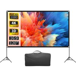 Projector Screen with Stand 120 Inch, 16:9 4K HD Portable Projector Screen Indoor Outdoor.