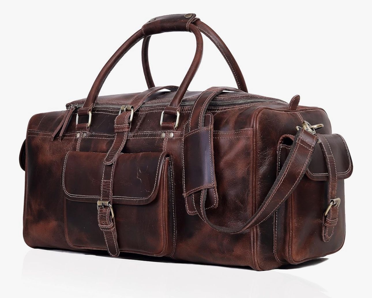 (7000D) Leather Duffel Bag for Men, Weekender 24" Duffle Gym Bags, Full Grain Underseat Travel Carry-On Bag, Overnight Bag Ideal for Sports, Airplane