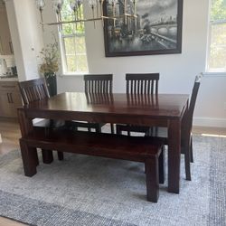 Solid wood dining table , bench and 4 chairs