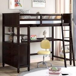 NEW Espresso Twin Size Wood Loft Bed with Desk, Shelves and Drawers