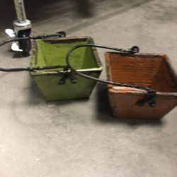 2 Antique Square Wood Grain Buckets w/Wrought Iron Handle