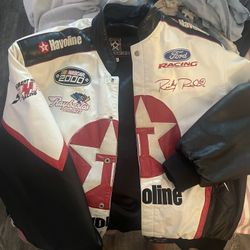 JH Design 100% Leather NASCAR Jacket Has Hole And Stich Repair 