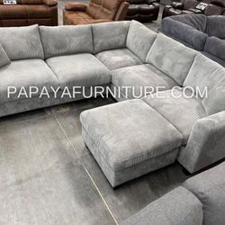 NEW Light Grey Fabric Modern Sectional Sofa and Ottoman Set Designer Ashley Style Big SALE Discount Furniture Warehouse Ivory white beige black gray