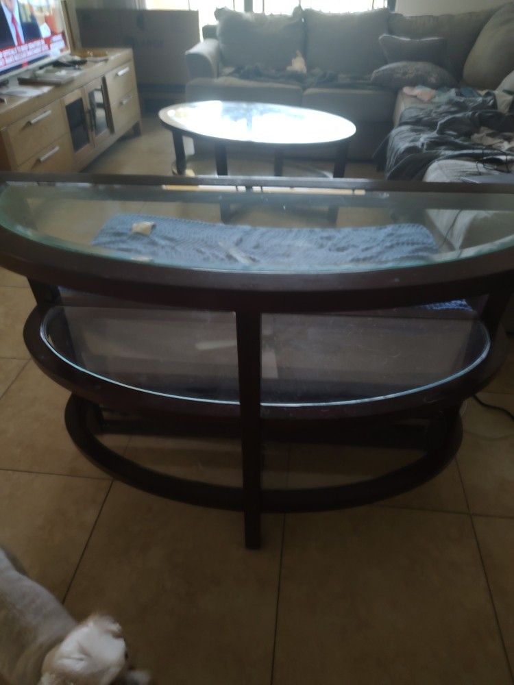 Cherry Colored sofa/console table with glass shelves